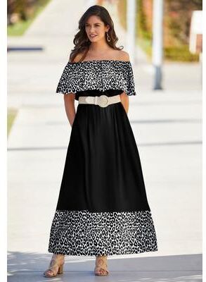 Plus Size Women's Off-The-Shoulder Maxi Dress by Jessica London in Black White Cheetah (Size 22 W)