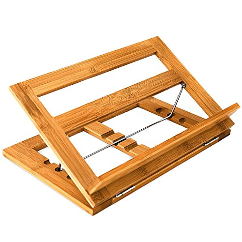 Relaxdays Kookboekstandaard van bamboe en metaal, Bruin/Beige, B/D/H: 33 x 22 x 22,5 cm
