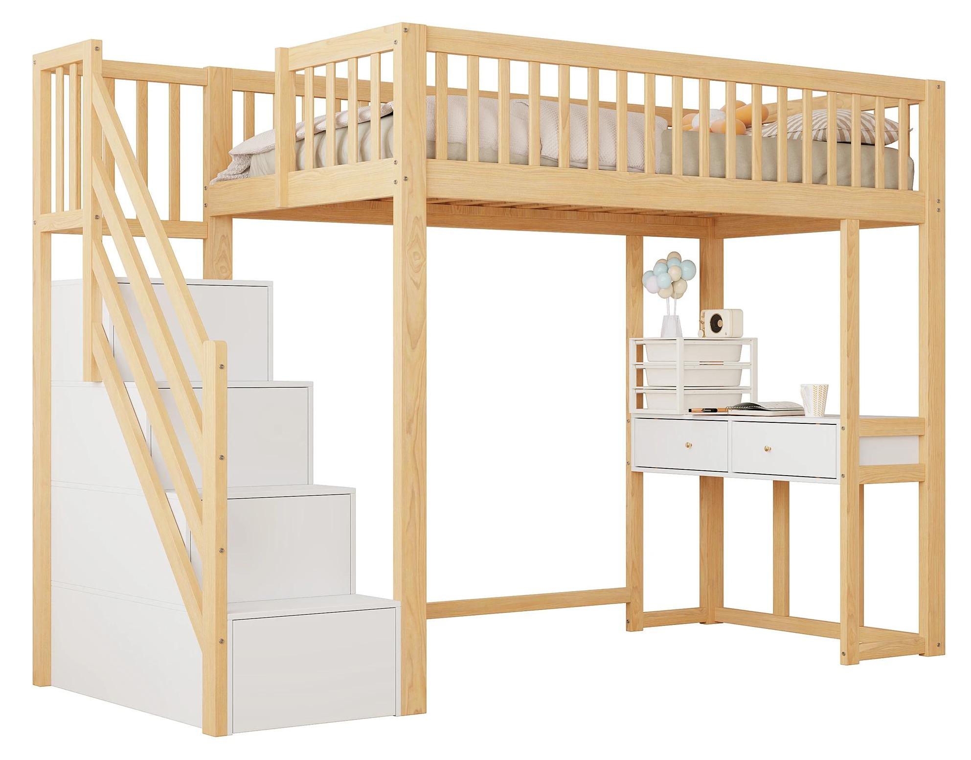 Kinderbett Hochbett - Holz Etagenbett - Treppe mit Stauraum - Hoher Rausfallschutz - Jugendbett für Kinderzimmer - Farbe Buff/Beige