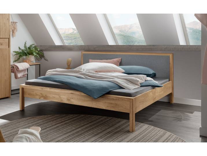 Massivholzbett HOME AFFAIRE Huven Doppelbett, Holzbett, hohe Belastbarkeit: 200kg je Seite , braun (eiche natur), B:145cm H:90cm L:146cm, Felt: 70% Wolle, 30% Polyester, Betten, Massivholzbett, massive FSC-zertifizierte Eiche, Kopfteil gepolstert