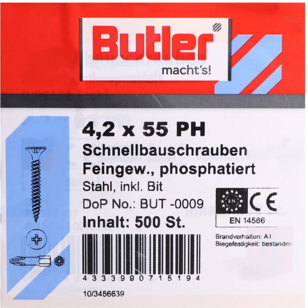 REYHER Butler macht's! Schnellbauschrauben inkl. Bit für Gipsplatten auf Metall bis 0,6 mm, Feingewinde, PH2, 4,2 x 55 mm, 500 Stück