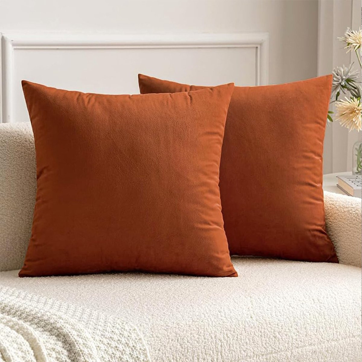Set van 2 decoratieve fluwelen kussenhoezen, 45 x 45 cm, Oranjerood