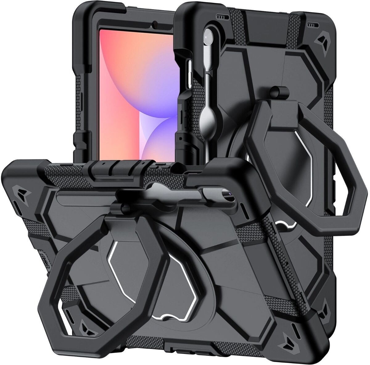 INF Stoßfeste Silikonhülle kompatibel mit Samsung Galaxy Tab S7-S10, mit Displayschutz und 360-Grad-Drehständer Schwarz