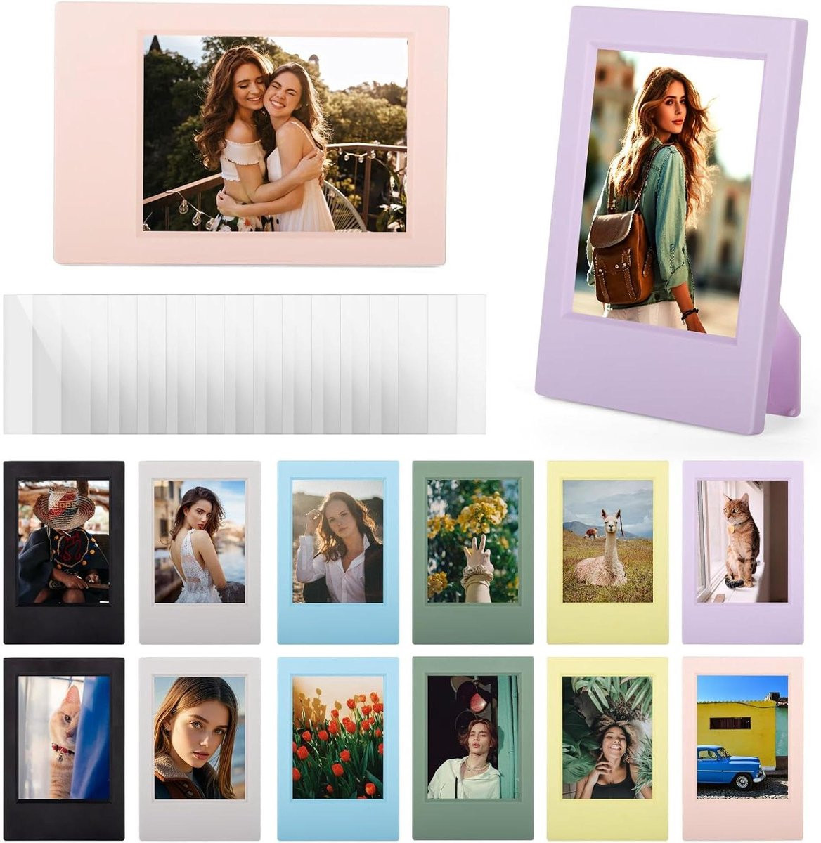Set van 14 kleurrijke mini fotolijstjes met beschermfolie