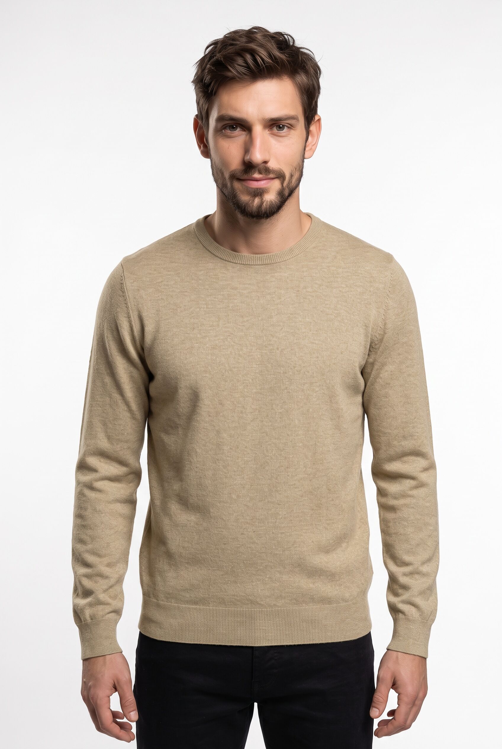 Rundhalspullover LERROS, Herren, Gr. L, beige (tender beige melange), Strick, Obermaterial: 100% Baumwolle, meliert, Rundhals, Bündchen, Pullover Rundhalspullover, mit kleiner Logostickerei tender beige melange L