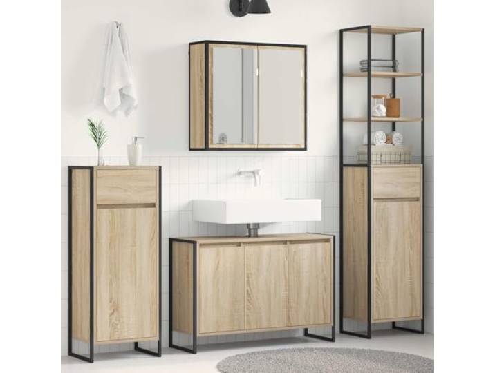 Badezimmermoebel-Set 4 Stk Sonoma-Eiche Holzwerkstoff mit Stahlrahmen Wandmontage, Stauraumregal, flacher Spiegel, feuchtigkeitsbestaendig, pflegeleichte Oberflaeche