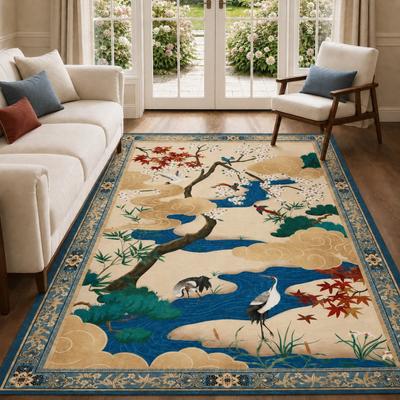 Bluebell Washable Oriental Area Rug, Non-Slip Low-Pile Floral Bird Design