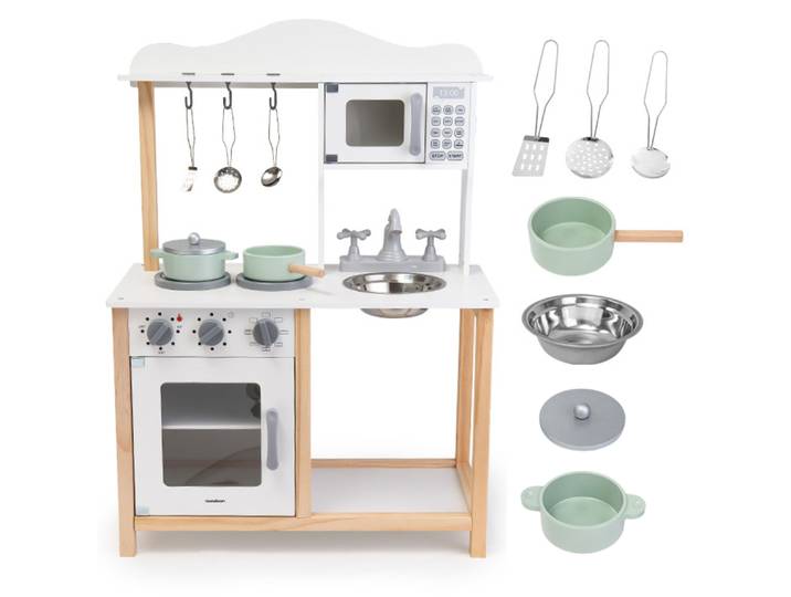 Mamabrum Grande cuisine en bois pour enfants avec accessoires de micro-ondes, jeu de rôle éducatif Montessori, ensemble XXL 3+