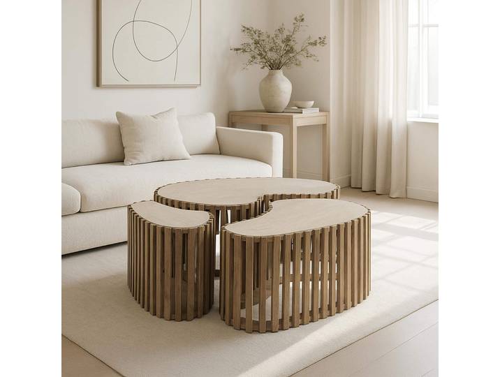 Table basse demi-ronde en bois de manguier massif (lot de 3) - Nuovo