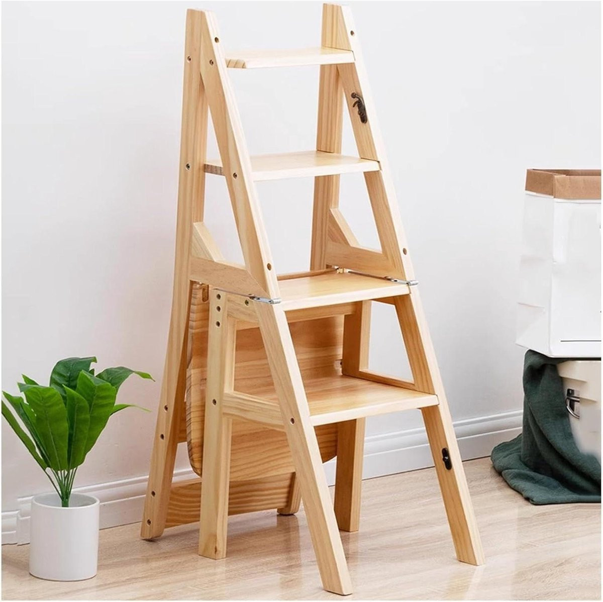 Opvouwbare 4-traps ladderstoel van massief hout in houtkleur