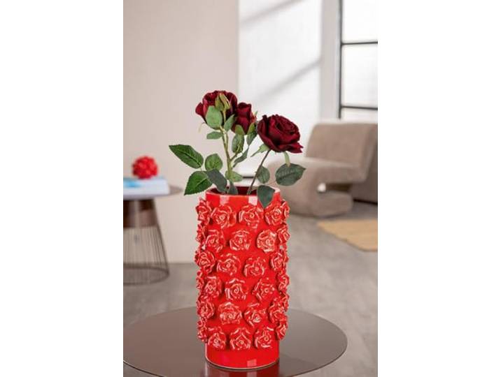 GILDE Vase cylindrique en céramique émaillée - 30 cm de Haut et 17 cm de diamètre - Motif Roses - Rouge