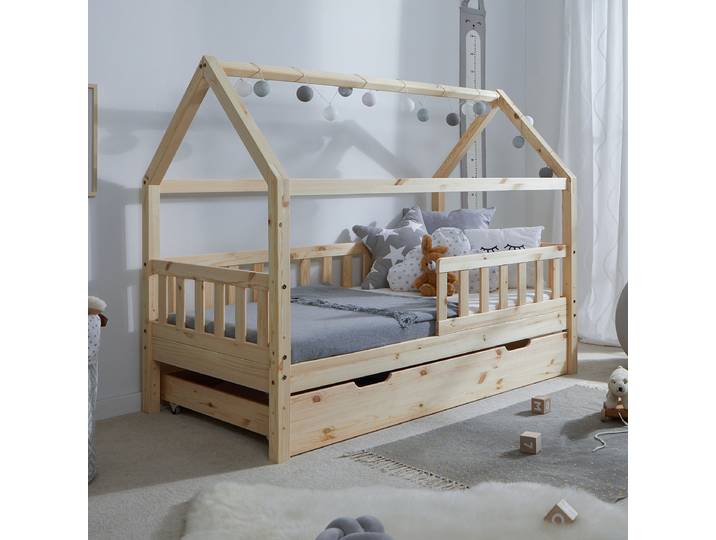 Massives Hausbett Kay 80 x 160cm 1 mit Lattenrost & Matratze Braun/Beige/Kiefer