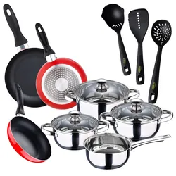 San Ignacio - Faro 7-teiliges Kochgeschirr-Set aus Edelstahl mit 3 Navy Red Pfannen Ø16/20/24 cm und 3-teiligem Küchenutensilien-Set