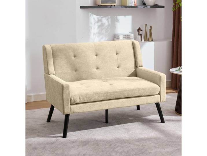 Canapé banquette 2 places capitonnée pour salon ou chambre pieds en bois antidérapants lin beige