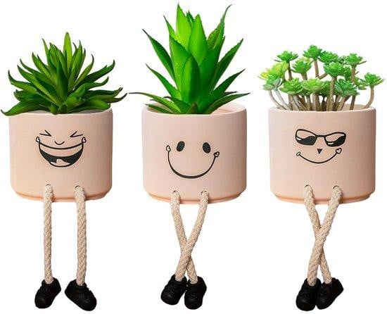Unyqoos 3-delige set decoratieve mini-kunstplanten met witte keramische potten en smiley-print