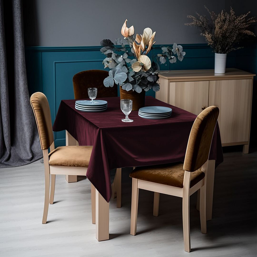 Lilijan Home & Curtain Matte Velvet Square Tablecloth Mulberry Currant Sangria 132cm W x 355cm L