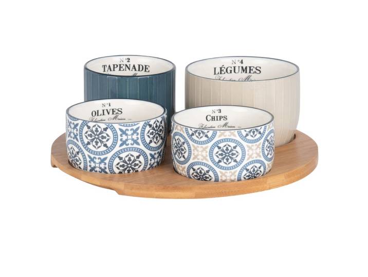 Aperitiftablett aus Bambus mit 4 Keramik-Schälchen, blau, beige und weiß mit Motiven