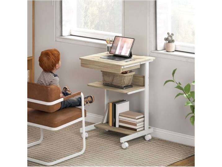 VUENOR bureau informatique roulant compact avec tiroir coulissant et étagères 56 x 51 x 79 cm chêne clair/blanc
