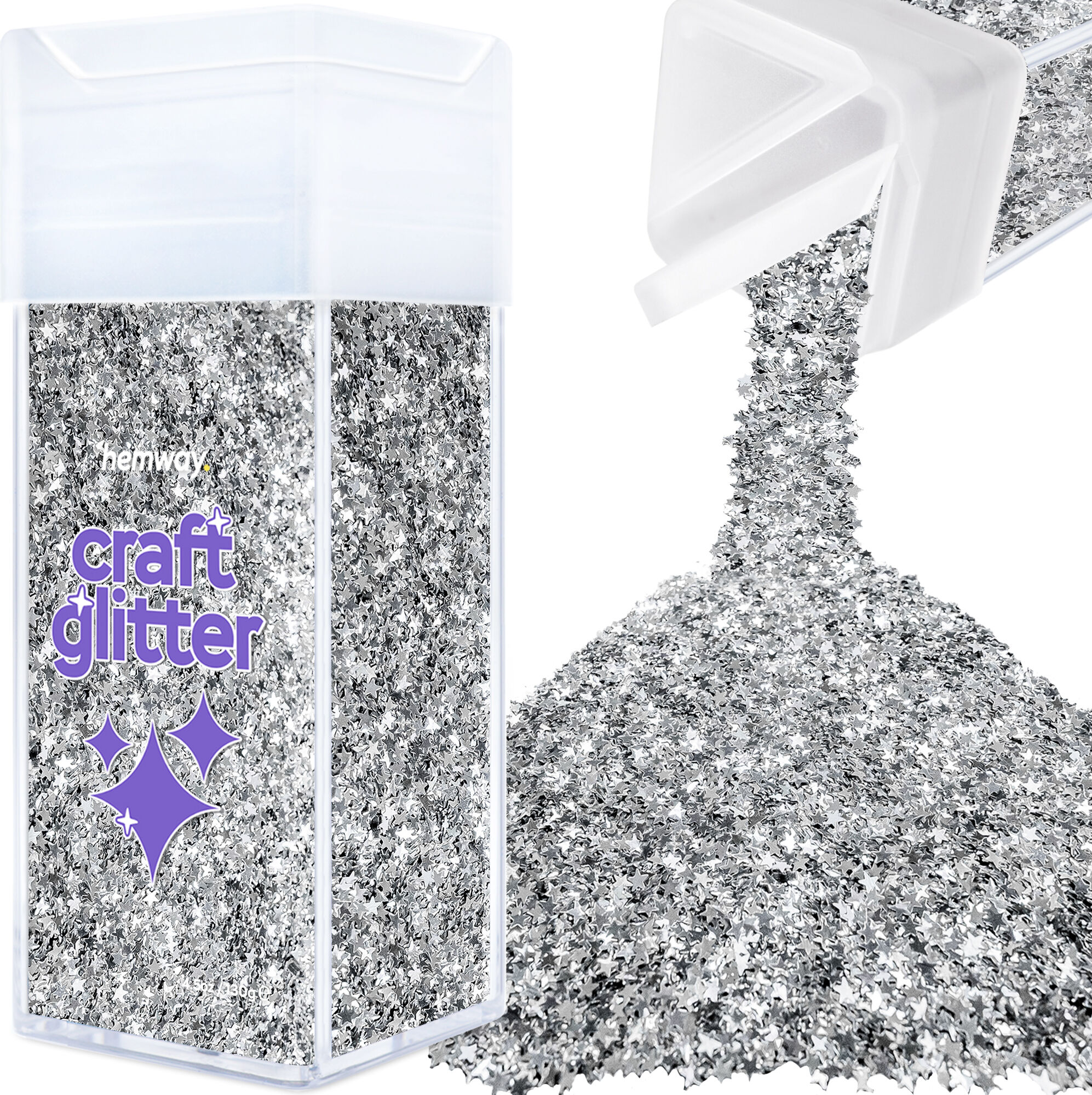 Hemway Craft Glitter Shaker 80g / 2.8oz   Silver Stars   Epoxy Resin, DIY, Tumbler, Decoration - Silver Stars - Shaped 80g
