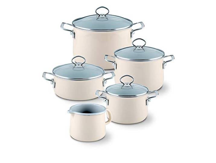 Riess, 0546-011, Spar-Set 5-teilig, NOUVELLE - AVORIO EXTRA STARK, bestehend aus: Fleischtopf mit Glasdeckel 16, 20 und 24 cm, Kasserolle mit Glasdeckel 20 cm und Schnabeltopf 12 cm