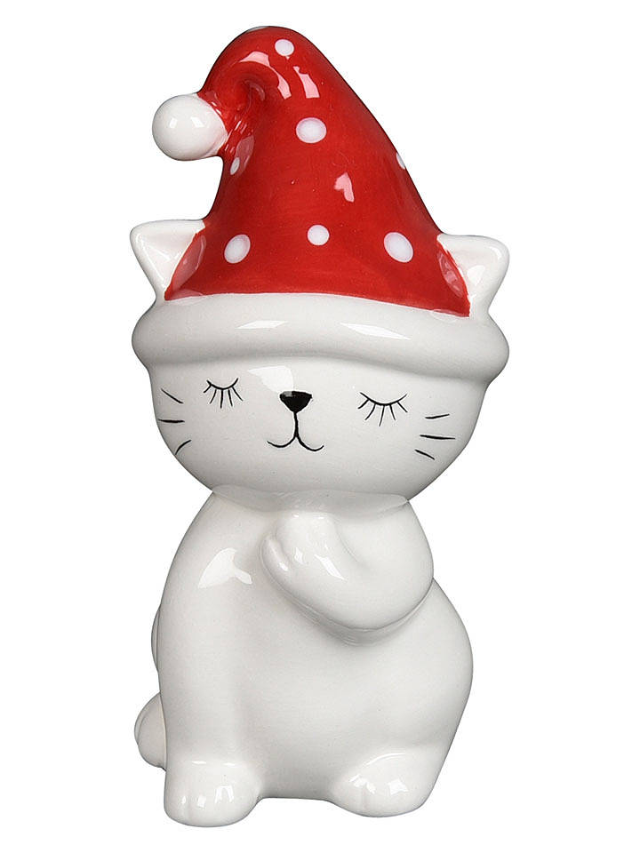 POSIWIO Dekofigur "Katze Mit Mütze" in Weiß/ Rot - (H)16 cm - onesize