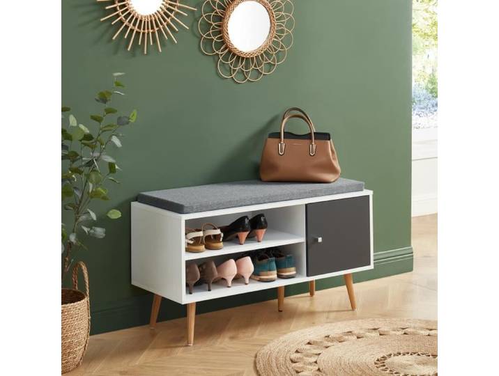 Banc à chaussures - BAÏTA - Gamme ADELE - Blanc et gris anthracite - L 95 x P 39 5 x H 50 cm