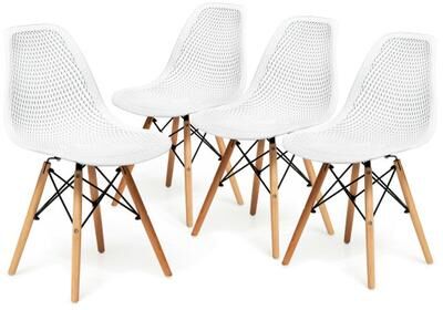 Costway 4 Pieces Modern Plastic Hollow Chair Set with Wood Leg-White