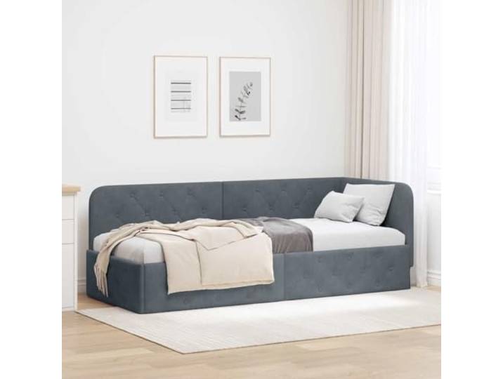 YUOTYRKTEJRSG Samt Eckbettrahmen mit L Design Polsterung Grau 80 x 200 cm Eckbettgestell mit Kopfteil Dunkelgrau 80x200 cm Samt Polsterbett L-Form Schlafsofa mit Lattenrost