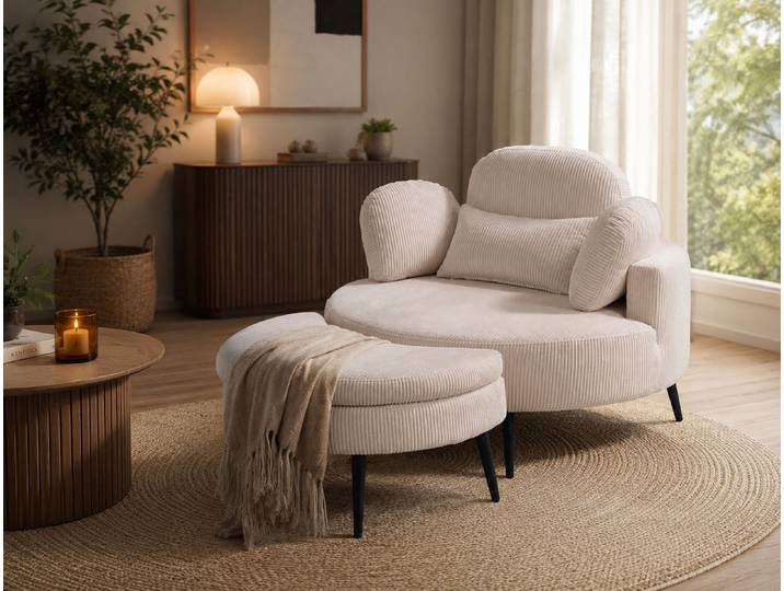 Loveseat GOODPRODUCT Riko Sessel, B: 110 cm, Sitzhöhe: 44 cm , beige (creme), B:110cm H:84cm T:110cm, 100%PES, Sessel, Loveseat, XXL- Sessel, mit Stauraumhocker, Rückenstütze & 4 Zierkissen