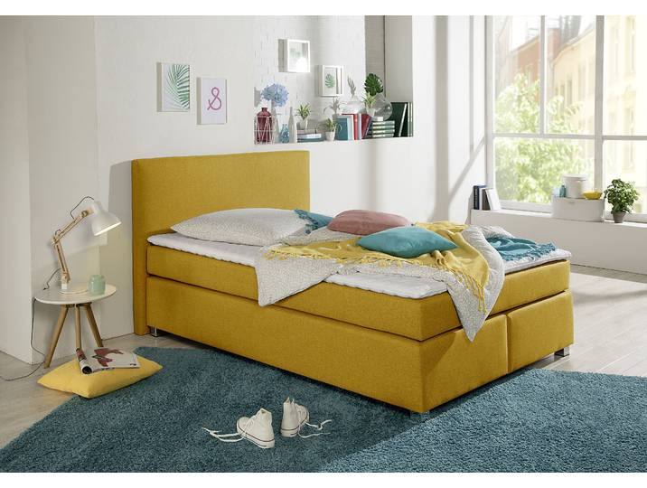 Boxspringbett, 127x210 cm, Strukturstoff, Gelb, Inkl. Topper, Modern, Inosign