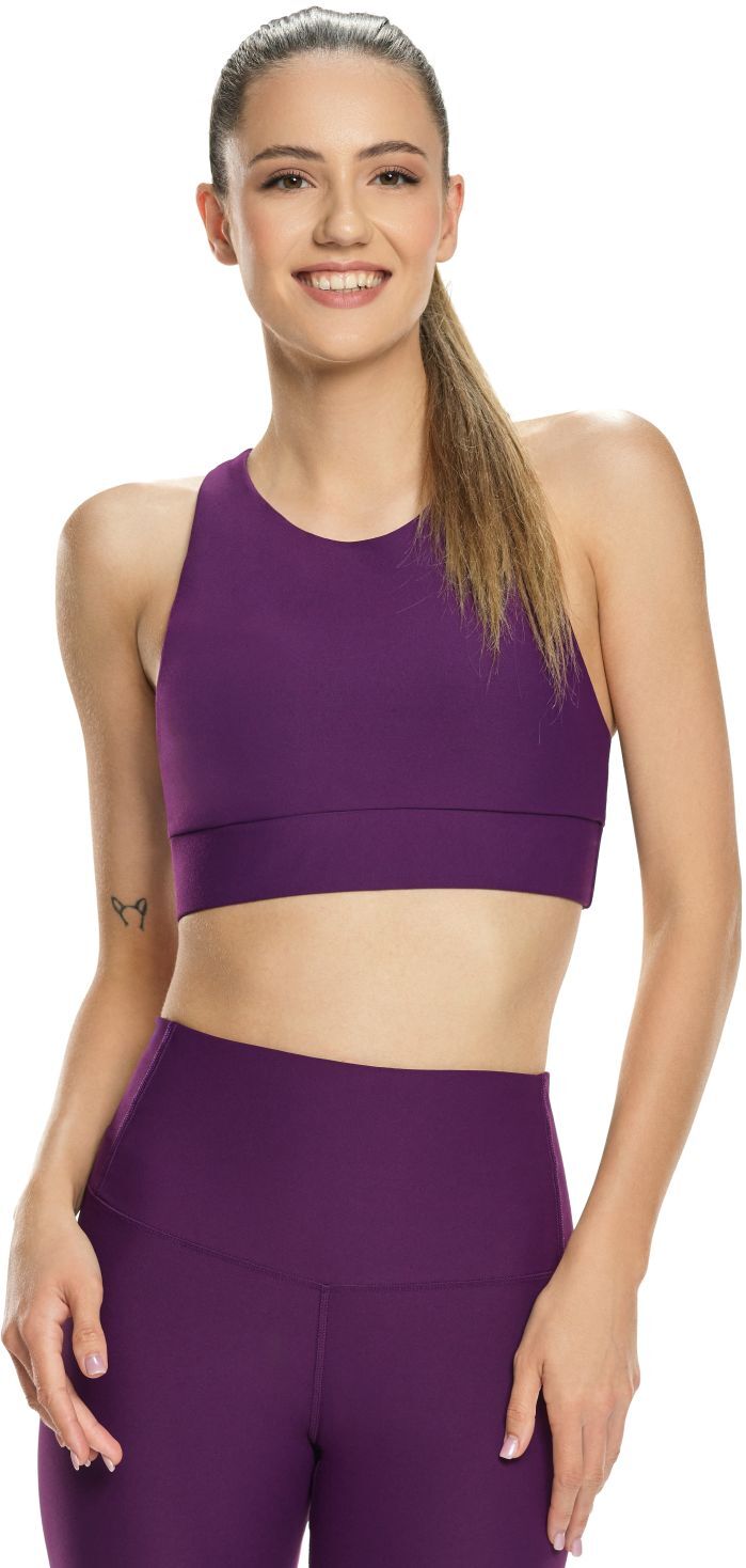 Sport-Bustier WINSHAPE "Functional Comfort Sport-BH SB103C", Damen, Gr. M, Normalgrössen, lila (schwarz plum), 85% Polyester, 15% Elasthan, BHs Sport-Bustier, mit Rücken-Applikation schwarz plum M, Normalgrössen