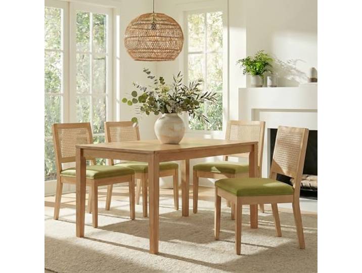 SoarTalent 4er Set Esszimmerstühle Rattan Eckrücken, Olivgrün Im französischen Landhausstil, mit eckiger, handgeflochtener Rattan-Rückenlehne. Massivholzbeine sorgen für sicheren Stand