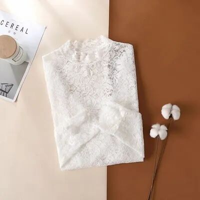 Fashion Sheath Elegant High Neck Sheer Lace Blouse Vintage Long Sleeve Crochet Top For Women white s