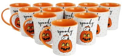 Peanuts Spooky 12 Piece 15 Ounce Funky Stoneware Mug Set in Orange