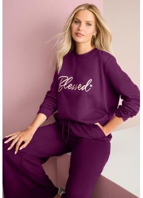 Plus Size Women's Comfort+ Fleece Printed Sweatshirt by Roaman's in Dark Berry Blessed (Size 30/32)