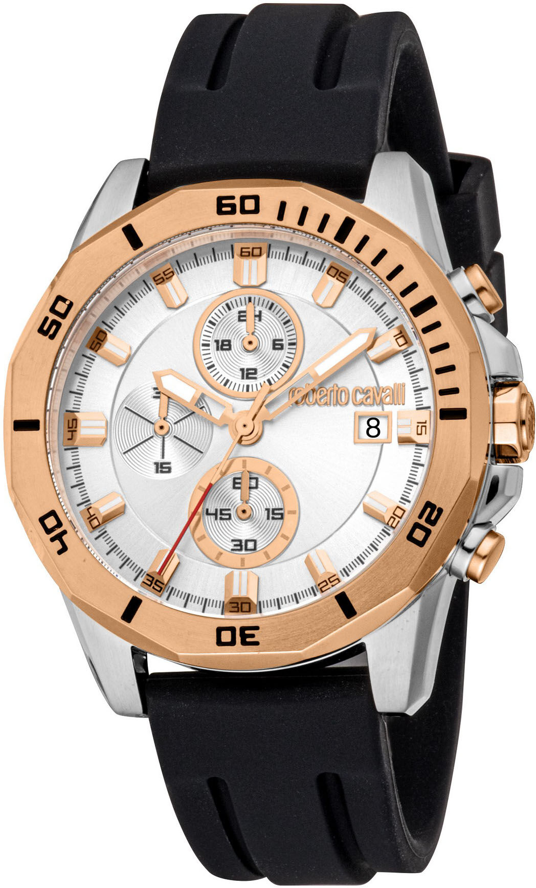 Chronograph ROBERTO CAVALLI "Uomo Sport III", schwarz (schwarz, silberfarben, silberfarben), Armbanduhren, Herren, silberfarben-roségoldfarben, Chronograph, Quarzuhr, Armbanduhr, Herrenuhr, Silikonarmband, analog, Tag