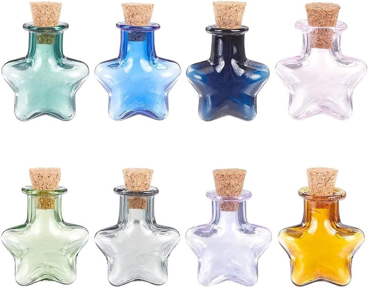 8 Stuks Kleine Stervormige Wensflesjes in 8 Kleuren - Mini Glazen Flesjes
