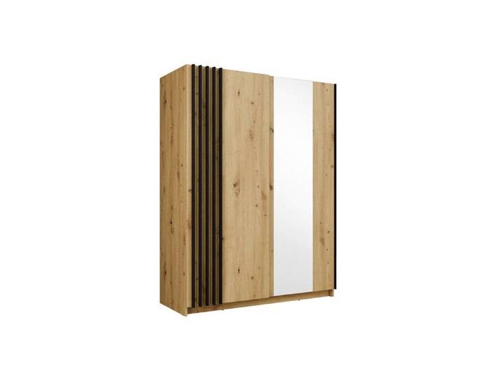 Armoire 2 portes coulissantes - Avec miroir - L150 cm – Coloris : Naturel et noir - CALELA