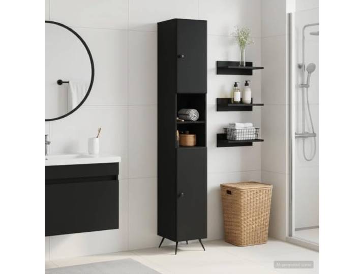 KTHLBRH Badezimmerschrank Breda mit offenem Regal, Schwarz, Holzwerkstoff Feuchtigkeitsbeständig, 90-Grad-Tür beidseitig montierbar, Wandbefestigung inklusive, pflegeleichte Oberfläche, platzsparend
