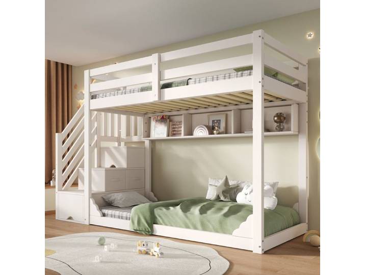 MEULVA Lit superposé enfant 90x200 cm blanc avec escalier de rangement et garde-corps