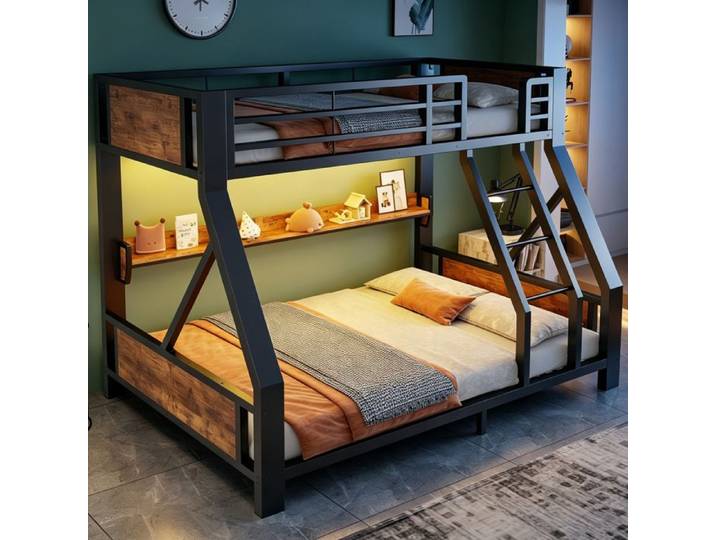Lit Superposé 90x200cm+140x200 cm Lit enfant avec Éclairage LED Barrière Antichute Lit Superposé Enfant Métal + bois Noir