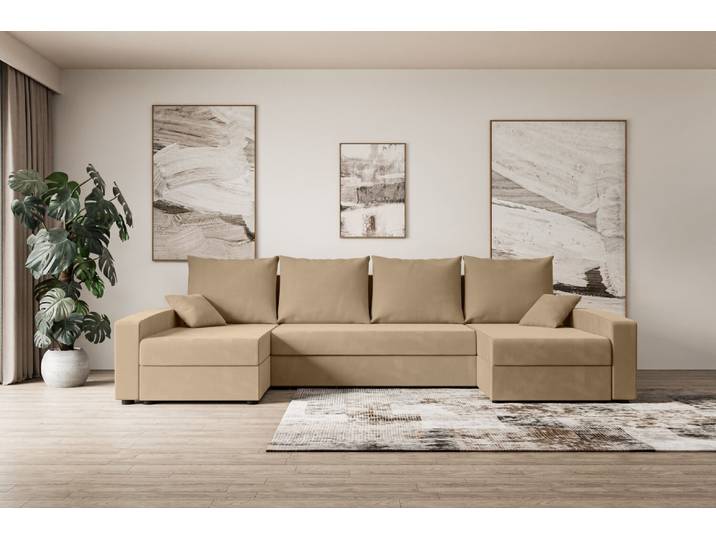 ALTDECOR Ecksofa mit Schlaffunktion und Bettkasten Corner Sofa Eckcouch Couch U-Form universal, links/rechts angeordnet Schlafcouch Ausziehbar Wohnlandschaft ALESIA-U - 301x140x90cm Beige