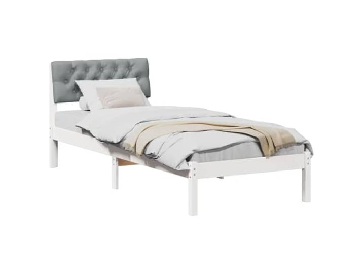 KTHLBRH Bettgestell weiß hellgrau 75 x 190 cm Massives Kiefernholz, gepolsterter Kopfteil, zeitgenössisches Design, einfache Pflege