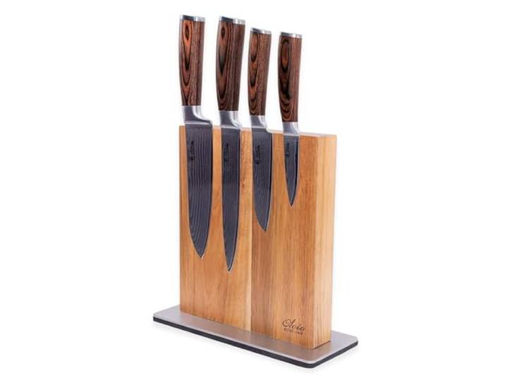 Wakoli EDIB Messerblock-Set mit 4 Messern, 67 Lagen Damaststahl, VG10-Kern Fleischmesser, Santoku, kleines Santoku und Officemesser, Pakkaholzgriffe und Magnetblock aus Akazienholz mit Edelstahlsockel