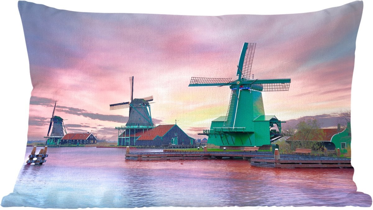 Katoenen sierkussen met windmolens en paarse lucht in Nederland - 50 x 30 cm