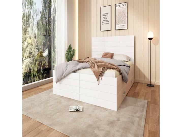 Lit double 180x200 cm EVRYAE - 2 tiroirs et rangement sous lit sommier à lattes inclus sans Matelas - Blanc et chêne clair