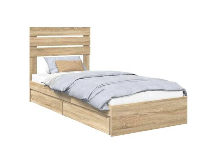 PUGYNBK Bett mit Schublade Sonoma Eiche 75 x 190 cm Holzrahmen mit Kopfteil, ausziehbare Schubladen, für Schlafzimmer