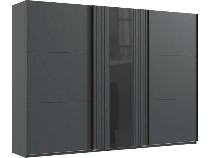 Schwebetürenschrank WIMEX Atlanta by fresh to go , schwarz (graphit, glas schwarz, akustikpaneel optik graphit), B:300cm H:216cm T:65cm, Holzwerkstoff, Schränke, Schwebetürenschrank, mit Akustikpaneel Optik (3D Leisten), Lamelle