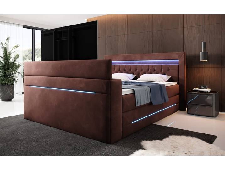 Boxspringbett Pluto mit TV Lift, RGB und Stauraum - 140x200 - Braun - H4 (100kg+) - Luxusbetten24