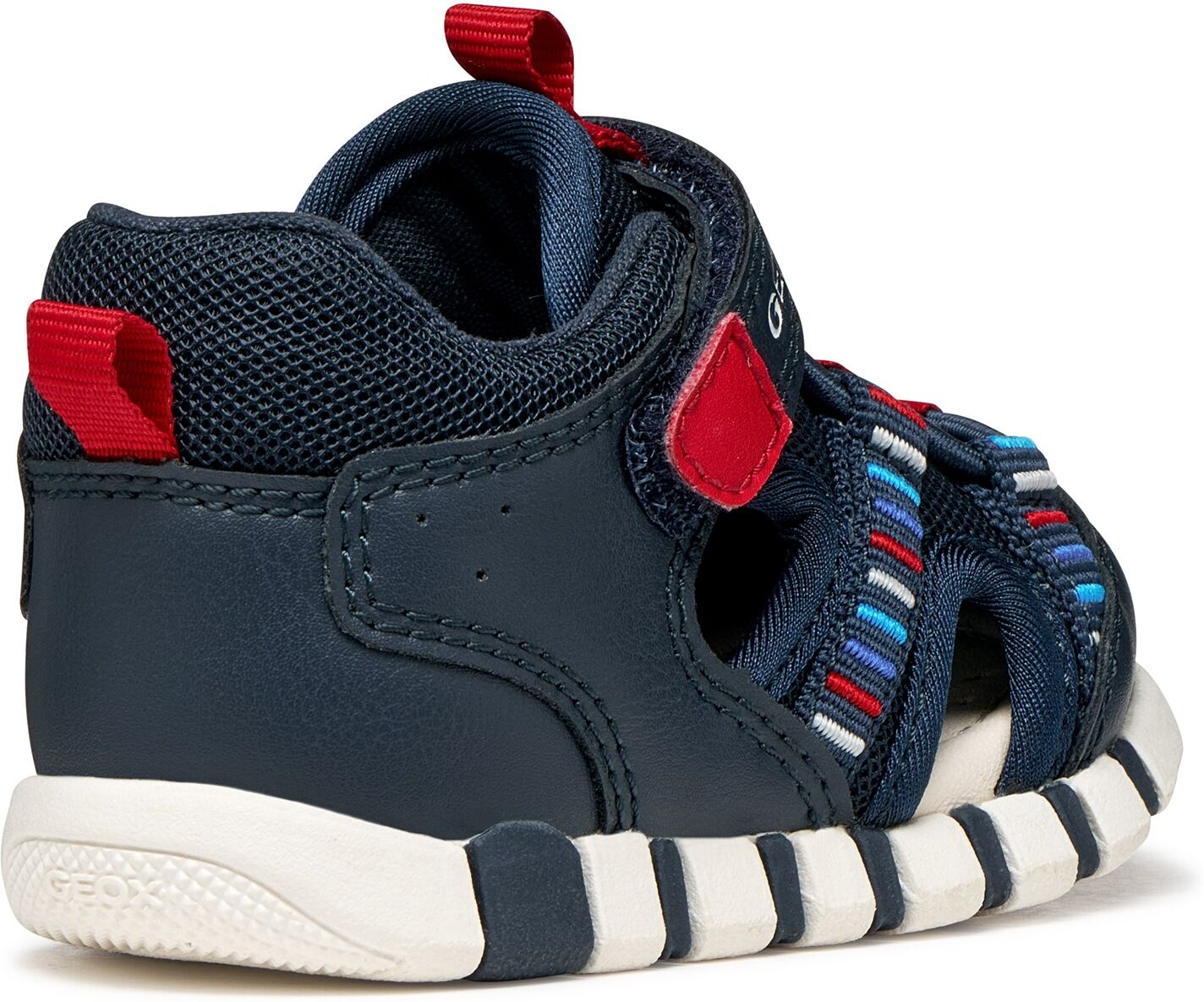 Lauflernschuh GEOX "B SANDAL IUPIDOO BOY", Jungen, Gr. 26, Textil, blau (navy, rot), Lederimitat, Textil, bestickt, kontrastfarbene Details, Basic, Schuhe Lauflernschuh, Babyschuh mit Stickmuster, Größenschablone zum Download